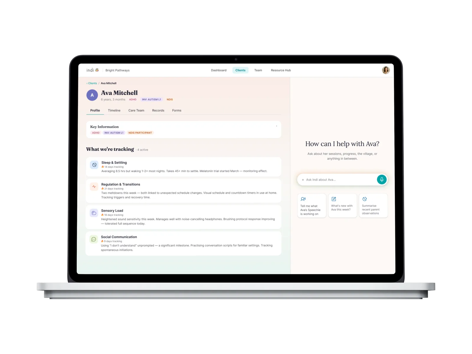 The indi clinic app showing a client's profile, what's being tracked, and a chat asking how indi can help