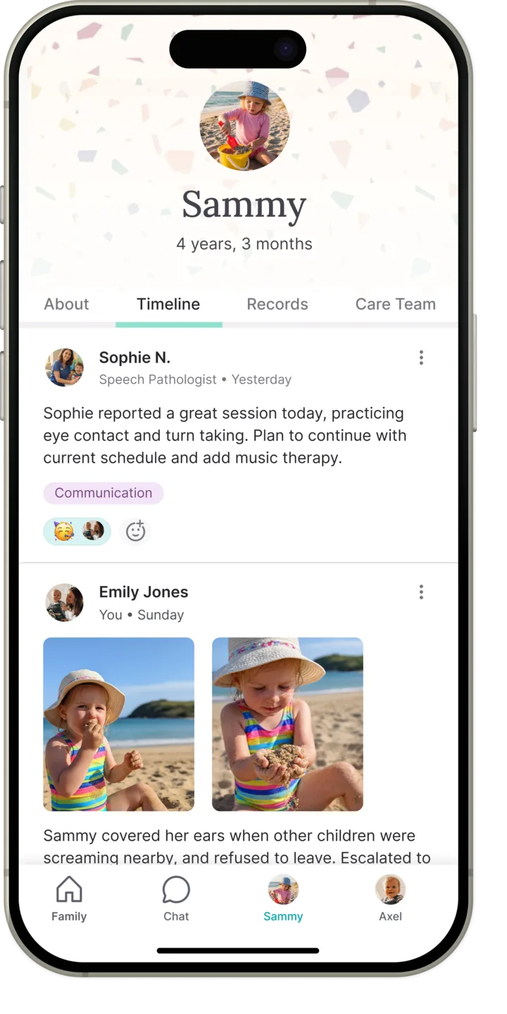 The indi app showing Sammy's timeline: a speech pathologist's session note and a parent's photos from the beach