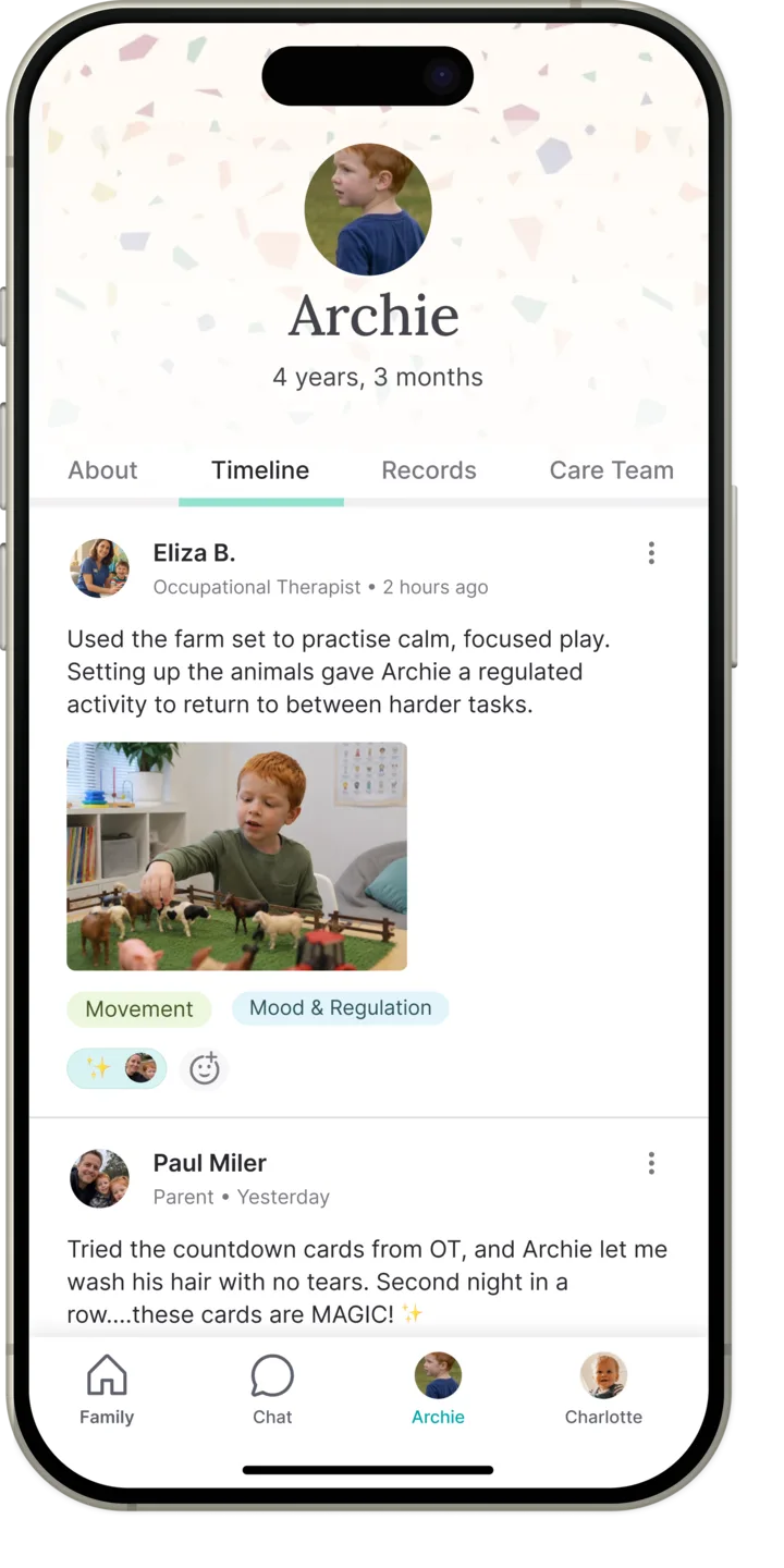 The indi app showing Archie's timeline: an occupational therapist's session note with a photo, and a parent's update