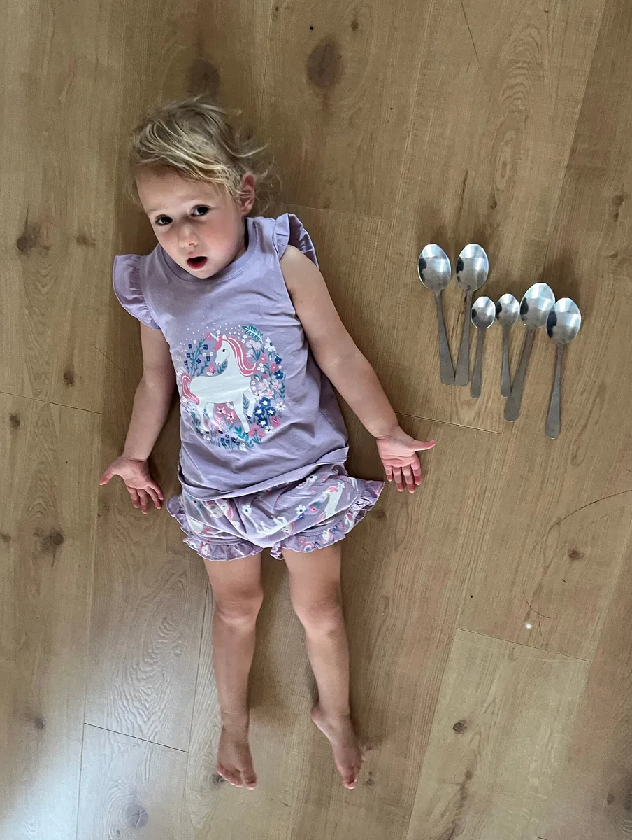 Indi lying on a wooden floor beside a row of spoons