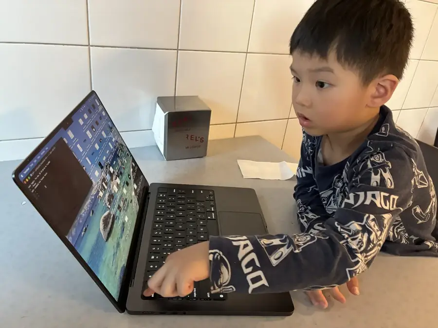 A young boy tapping away at a laptop on the kitchen bench